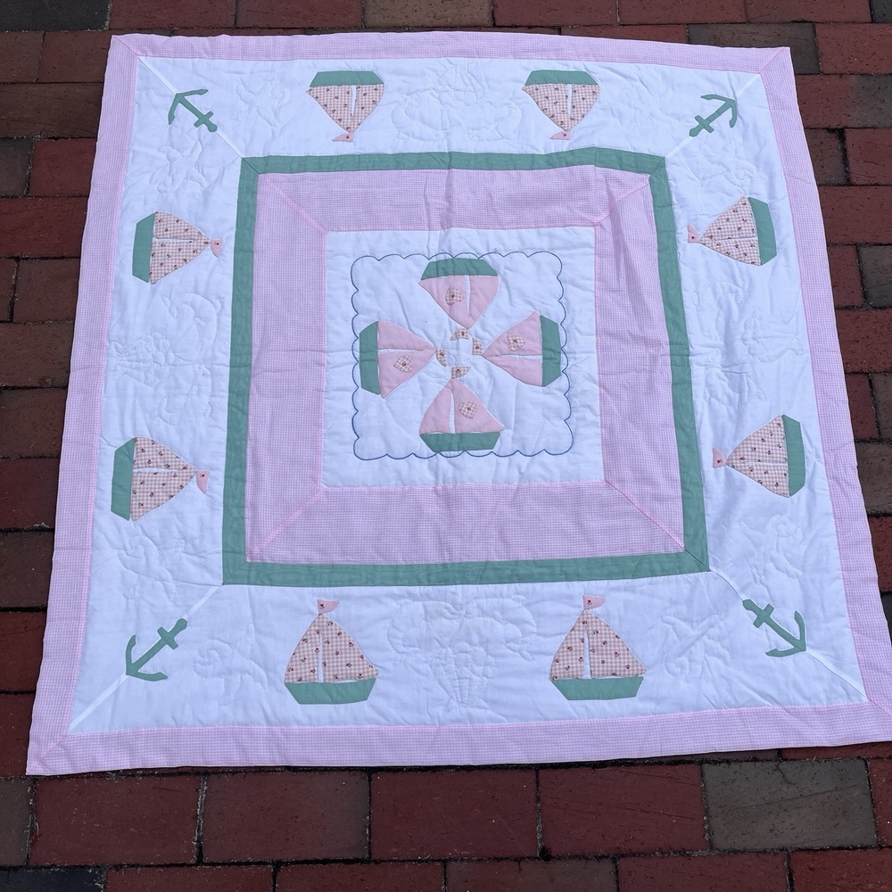Handmade Sailboat Girls Crib Quilt, Green, White, Pink, One Of A Kind 42"x42"